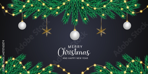 Realistic Christmas banner with green leaves and  white color balls and snowflakes  with lights