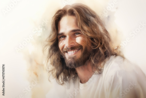 Jesus Christ, Divine Watercolor Portrait of Smiling Jesus Christ, the Lion of Judah, Lamb Of God.  Religion.  photo