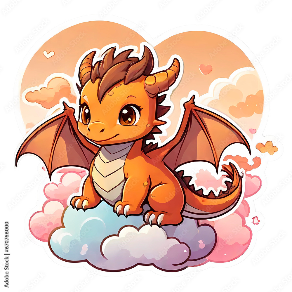 Naklejka premium Cute dragon baby in clouds and hearts of love