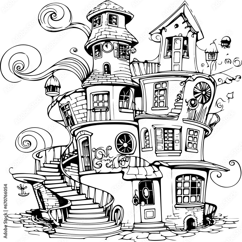 whimsical house with a spiral staircase coloring page