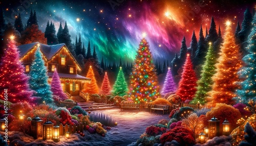 A magical winter landscape with an inviting cabin and colorful Christmas trees illuminated by a sky filled with aurora lights. Generative AI