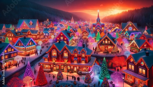 Vibrant Christmas Village with Twinkling Lights and Snow-Covered Rooftops. Generative AI