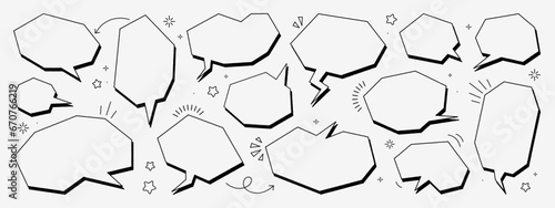 Set of hand-drawn speech bubbles. There are icons such as arrows, dots, and sparkles. Vector chat speech or dialogue.