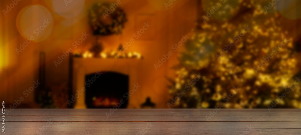 Empty wooden table in room with Christmas tree and fireplace. Banner with space for design