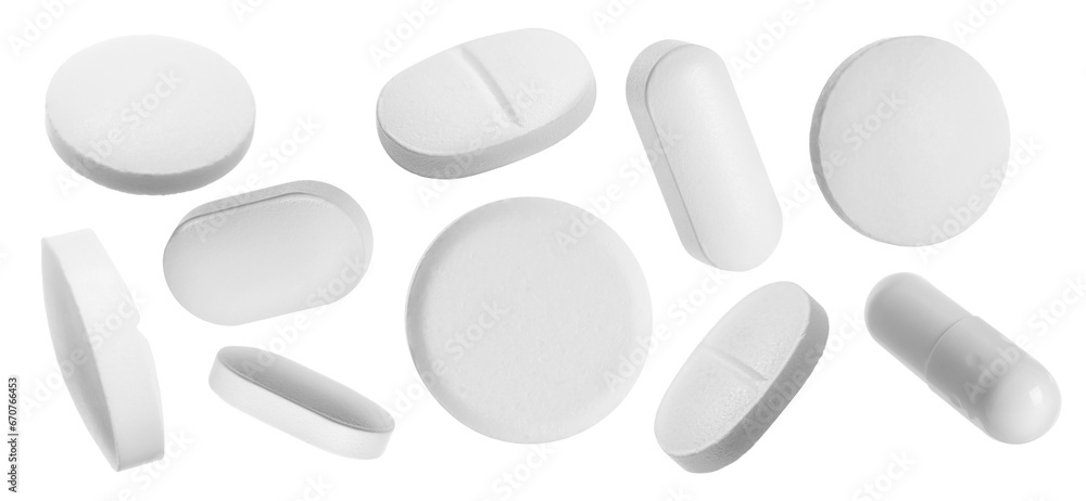 Many different pills isolated on white, collection