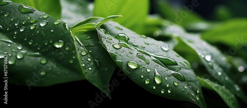 Water droplets on green leaves after the rain. Nature background.