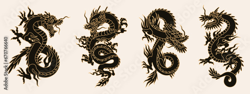 Set of four chinese dragons of black and gold colors. Symbol of New Year 2024. Asian vintage zodiac symbols. Design elements for your holiday banners and posters.