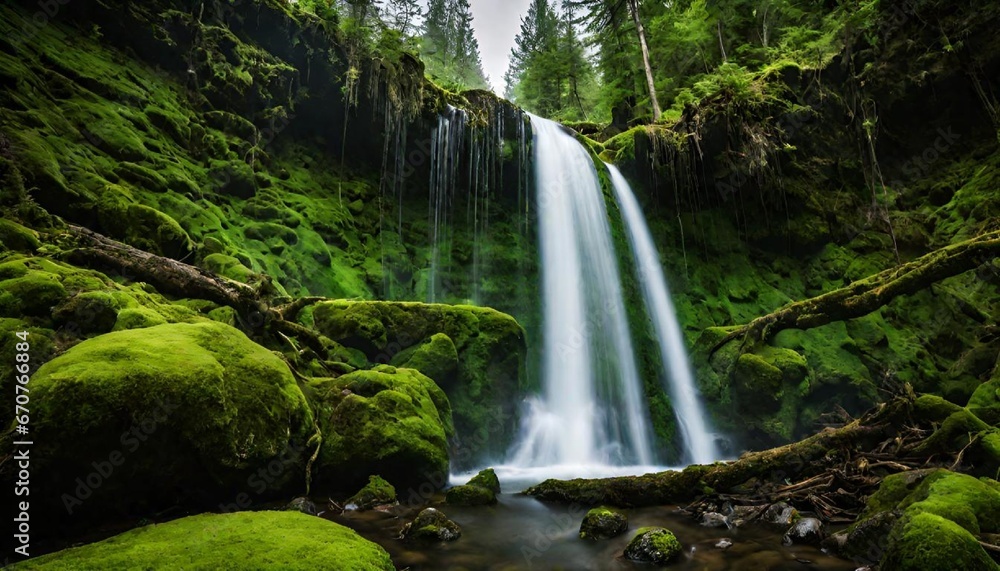 waterfall in the forest, A majestic waterfall cascading down moss-covered rocks in an emerald forest