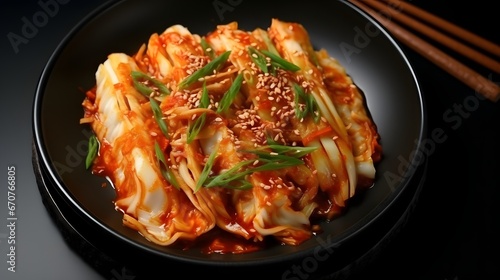 Korea food top view, Chinese cabbage kimchi in black dish set on dark background.