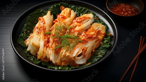Korea food top view, Chinese cabbage kimchi in black dish set on dark background.