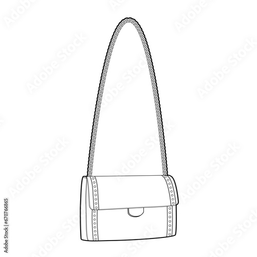 Chain-Strap Cross-Body Bag baguette silhouette. Fashion accessory technical illustration. Vector satchel front 3-4 view for Men, women, unisex style, flat handbag CAD mockup sketch outline isolated
