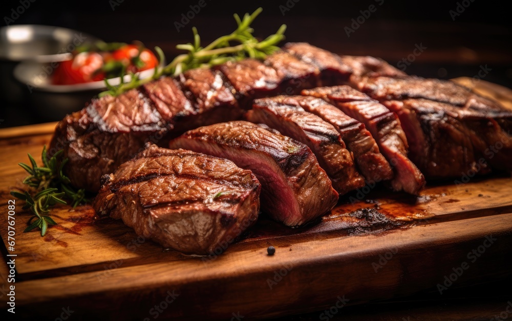 Fresh and juicy grilled meat cut in pieces on wooden board
