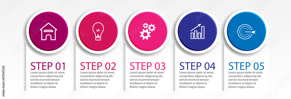 simple infographic design, 5 step infographic consisting of five interrelated parts, circle model combined with lines, colors and symbols or icons, very good for your business presentation needs