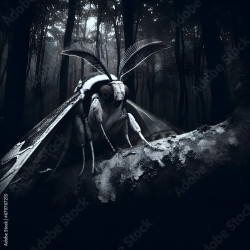 Mysterious Humanoid Horror Creature Cryptid Mothman Monster with Glowing Red Eyes and Wings in the Dark Gloomy Night Tree Woods. Point Pleasant West Virginia WV North American Birdlike Myth & Folklore © Frank