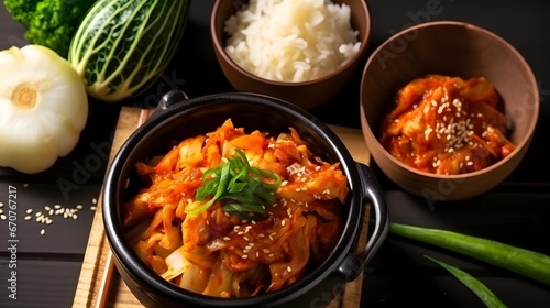 Korean food, Kimchi cabbage in a bowl and rice. photo