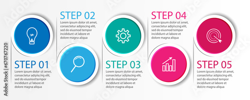 simple infographic design, 5 step infographic consisting of five interrelated parts, circle model combined with lines, colors and symbols or icons, very good for your business presentation needs