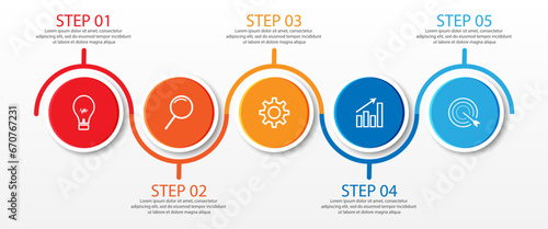 simple infographic design, 5 step infographic consisting of five interrelated parts, circle model combined with lines, colors and symbols or icons, very good for your business presentation needs
