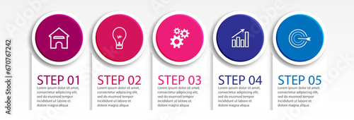 simple infographic design, 5 step infographic consisting of five interrelated parts, circle model combined with lines, colors and symbols or icons, very good for your business presentation needs