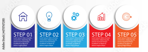 simple infographic design, 5 step infographic consisting of five interrelated parts, circle model combined with lines, colors and symbols or icons, very good for your business presentation needs