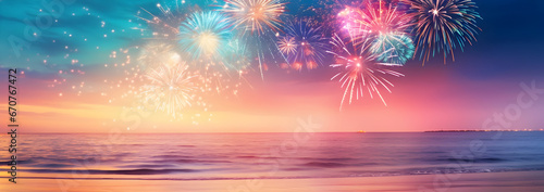 Abstract background of luminous fireworks over a beach with tropical colors. Fireworks over a river 