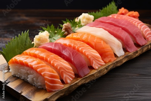 Sashimi Delight. Tuna and Salmon Selection on Wooden Plate  Served in a Cozy Sushi Cafe