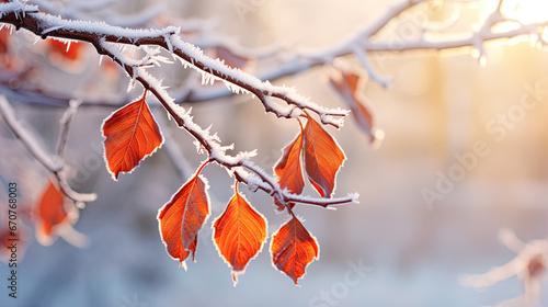 frozen branch with autumn leaves autumn winter background