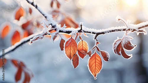 frozen branch with autumn leaves autumn winter background