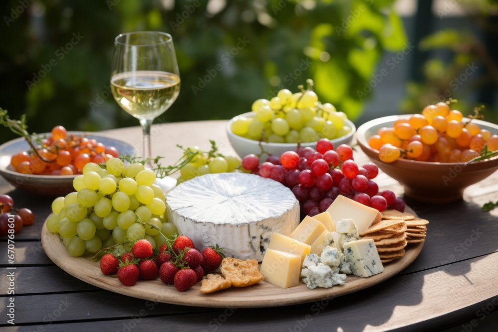 Wine and Cheese Indulgence. Glass, Plate and Grapes on Garden Terrace Wine and Cheese Indulgence. Glass, Plate and Grapes on Garden Terrace