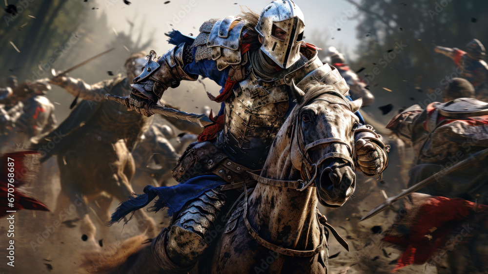 Mounted knight fights in battle, medieval horse warrior with spear ...