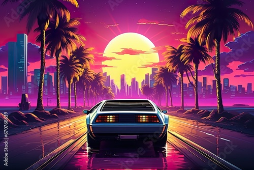Retro wave 80s image of sports car in sunset photo