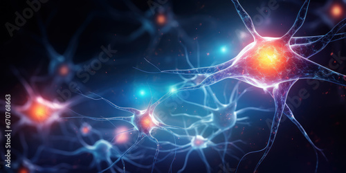 Neural network close-up, microscope view of nerve cells with dendrites and electrical energy. Concept of neuron, macro, nervous system, synapse, research, science