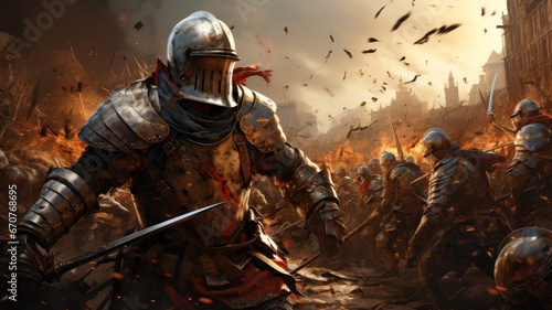 Medieval warriors fight on battlefield  knight in iron armor on background of fire and smoke. Historical scene with soldiers during siege city. Concept of war  battle  action