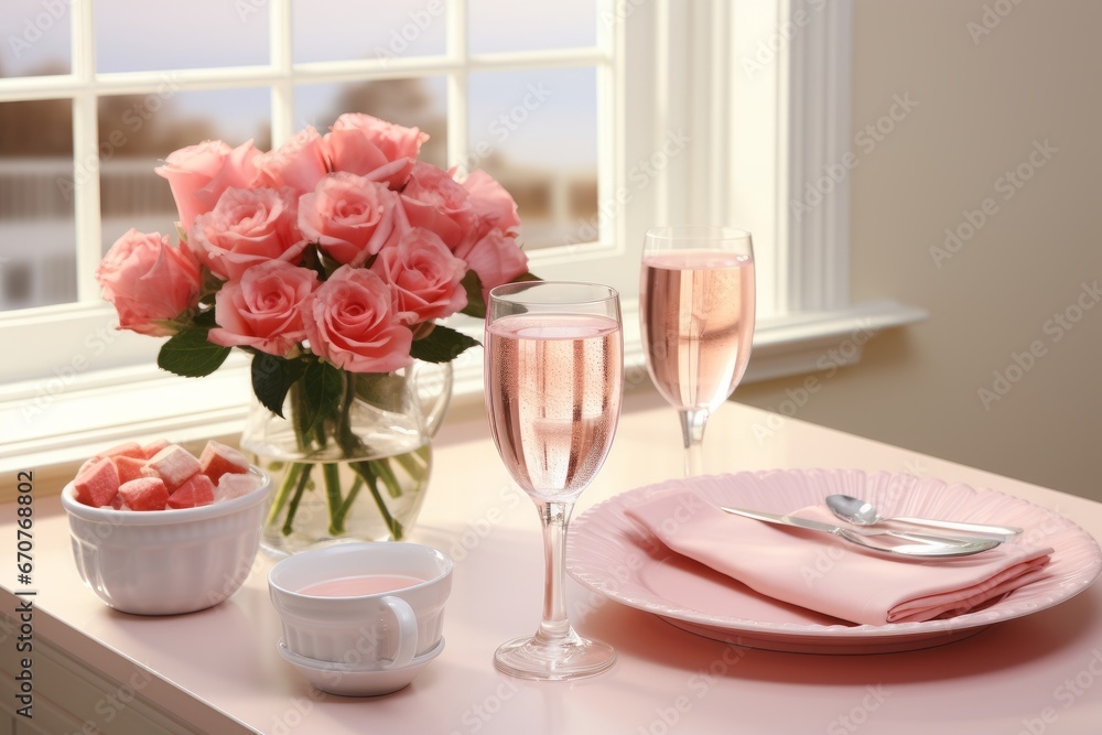 Joyful Champagne Celebration. Rose-Adorned Table Setting for Two in a Bright Kitchen Joyful Champagne Celebration. Rose-Adorned Table Setting for Two in a Bright Kitchen