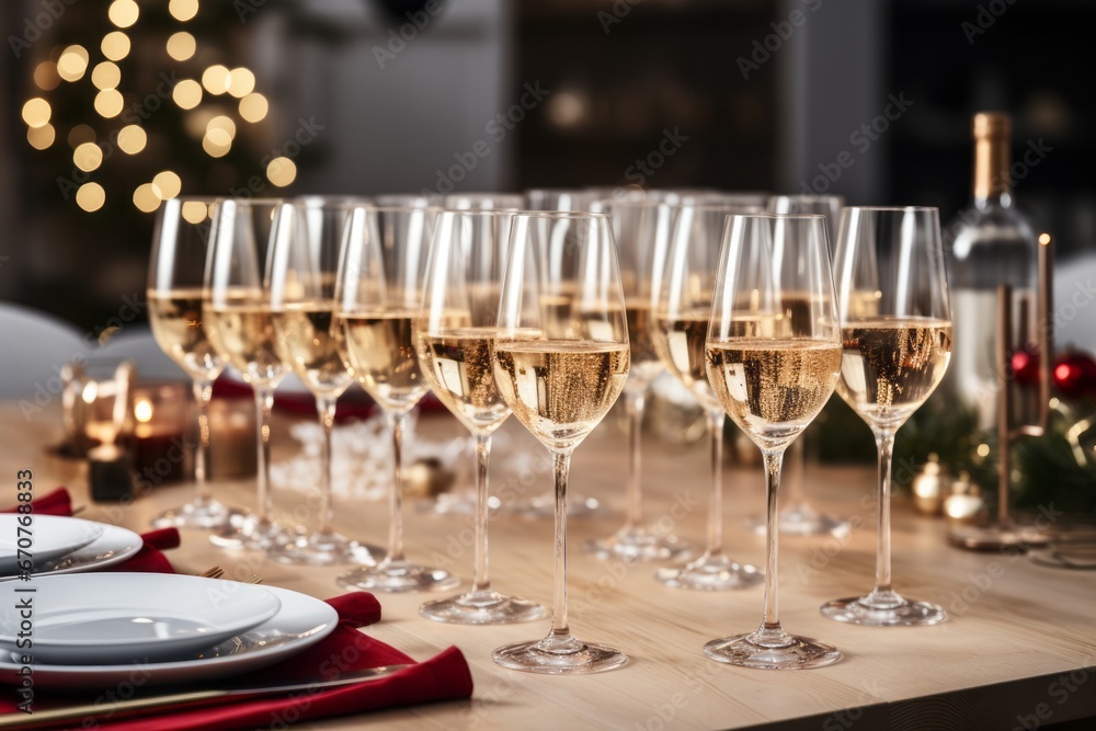 Christmas-Themed Kitchen Table with Champagne and Glasses, Ready for Festive Celebrations Christmas-Themed Kitchen Table with Champagne and Glasses, Ready for Festive Celebrations