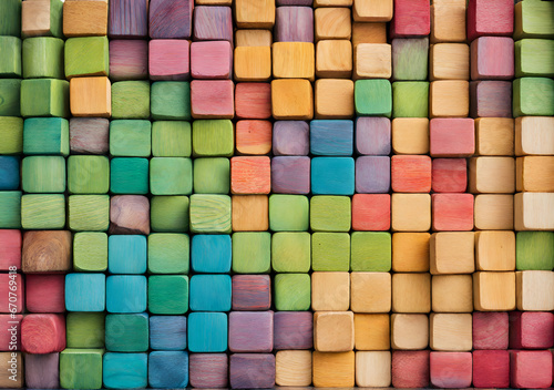 Colorful background of wooden blocks. A Spectrum of multi-colored wooden blocks aligned. Generative AI