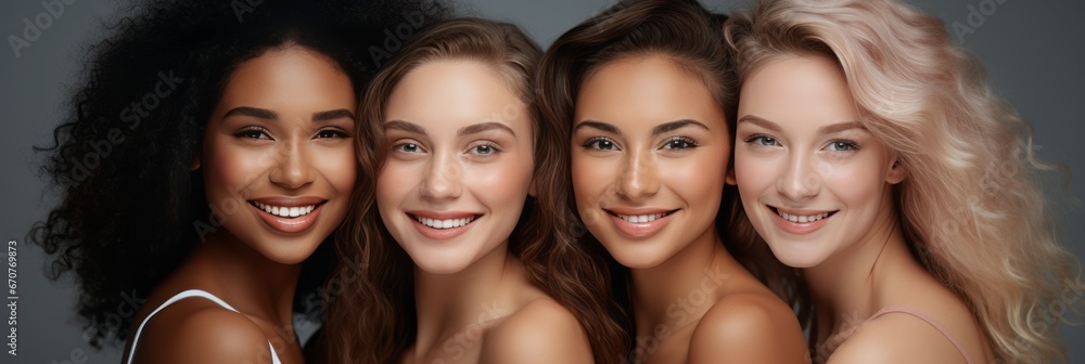 Fototapeta premium Diverse Group of Smiling Women in Bright Dresses, Friends Bonding and Looking at Camera