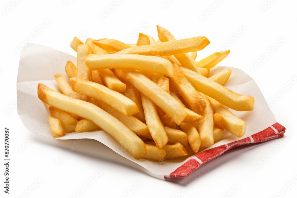 Crispy Classic French Fries in Paper Pack - Delicious Snack on White Background for Food Enthusiasts Crispy Classic French Fries in Paper Pack - Delicious Snack on White Background for Food Enthusiasts