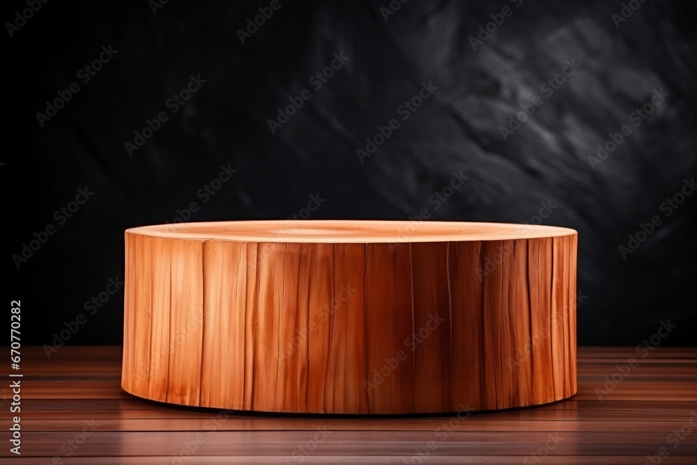 Circular Wooden Stump Slice for Eco-Minimalist Product Presentation on a Black Background