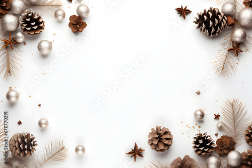 Bright Christmas frame of spruce christmas decorations on white background. Copy space. Winter holidays, New Year. generativ ai