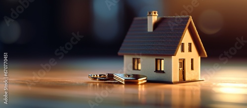 Real estate concept. House model with keys on the background of the sun