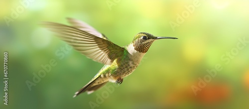 Hummingbird in flight with a green background