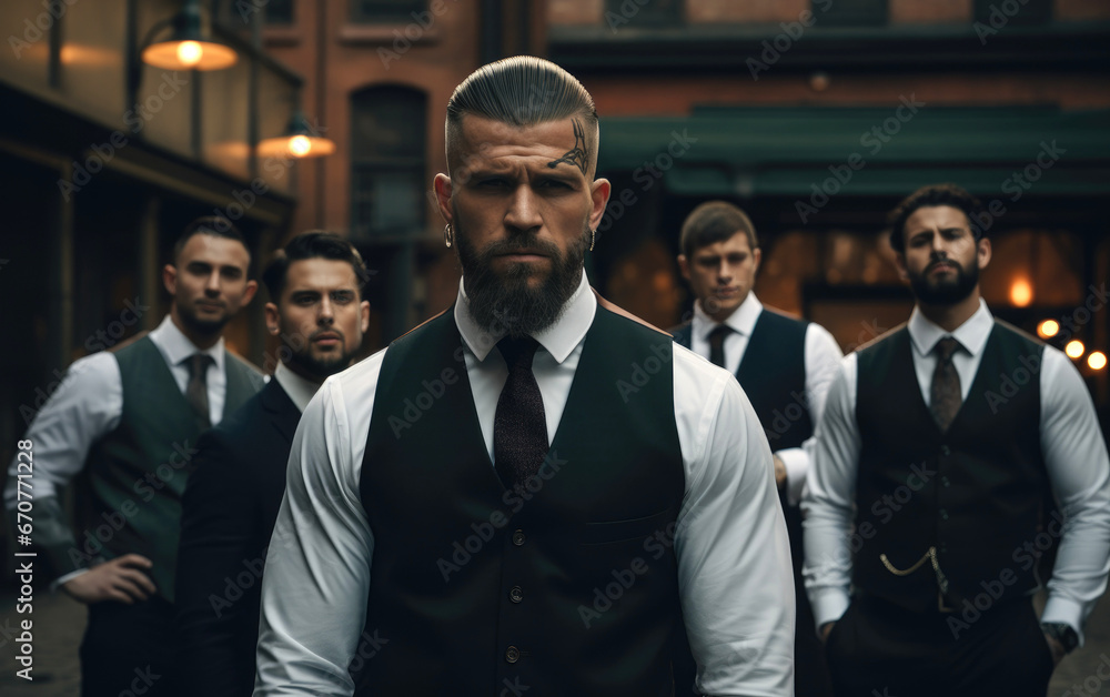 Handsome tattooed gangster man, with a beard in a luxurious suit, standing with a group of brothers Handsome tattooed gangster man, with a beard in a luxurious suit, standing with a group of brothers