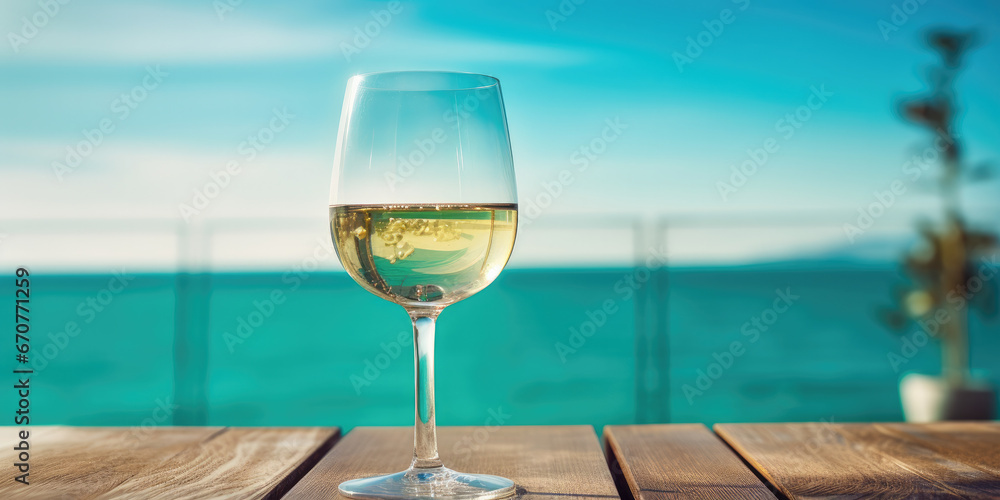 Obraz premium Woman's hand holding white wine glass on holiday turquoise ocean in the background 