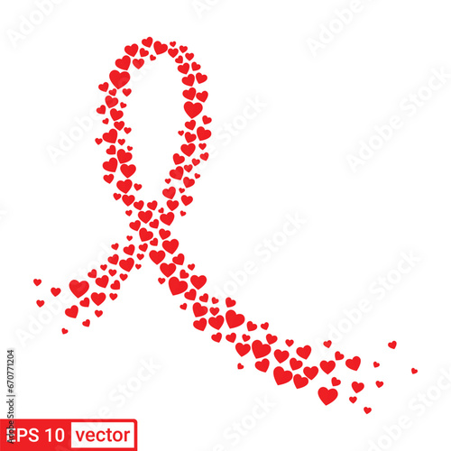 Red cancer awareness ribbon made of hearts isolated on white background