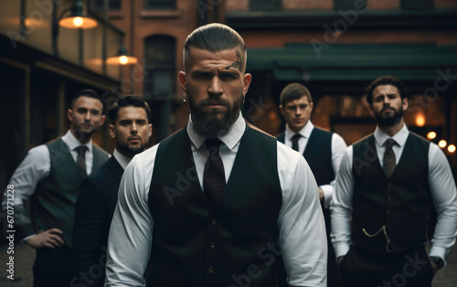 Handsome tattooed gangster man, with a beard in a luxurious suit, standing with a group of brothers