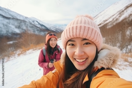 Social Media influencer Young hiker woman taking selfie video portrait on the top of mountain © Adriana