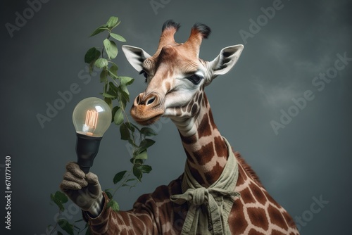 portrait of a giraffe holding a green plant and a bulb