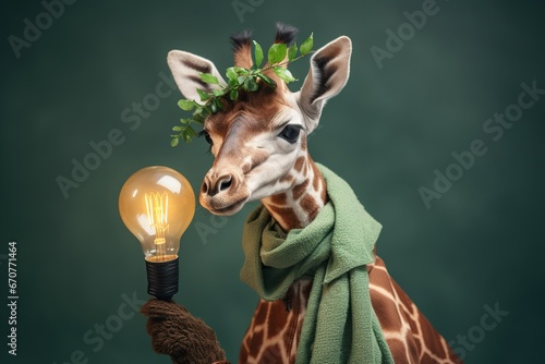portrait of a giraffe holding a green plant and a bulb