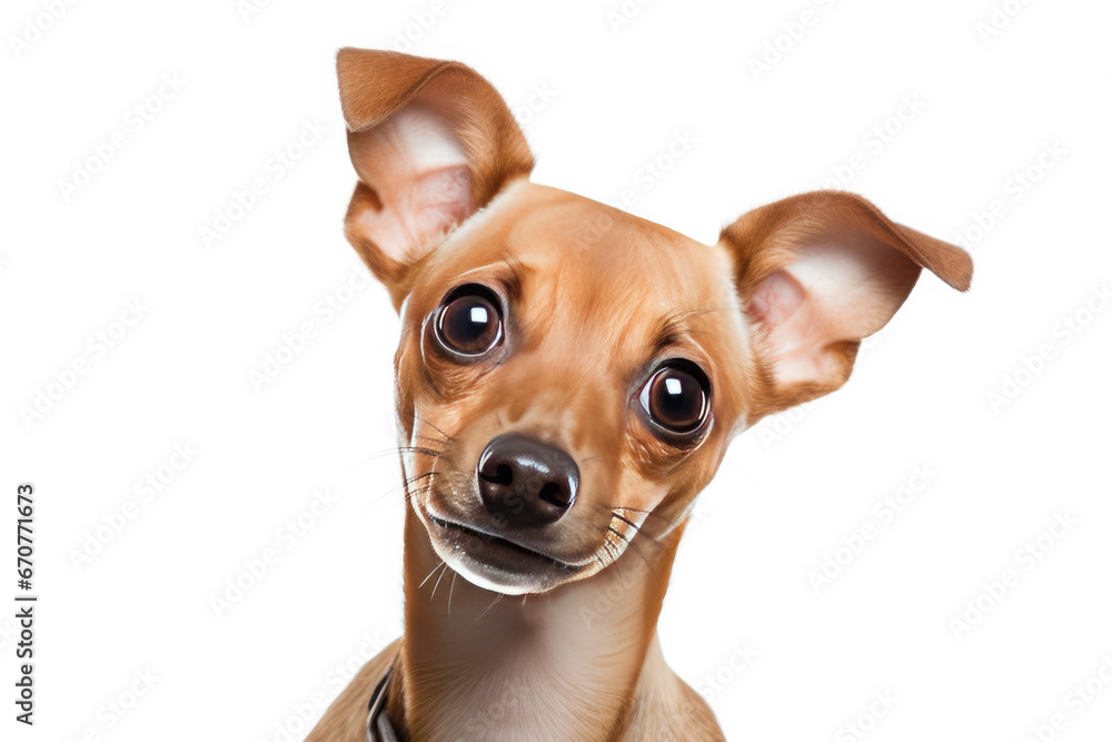 Close-up of a cute young dogs face with white background
