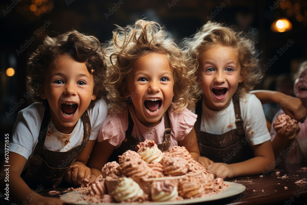Naklejka premium Kids Unleash Fun and Frolic Around the Cake